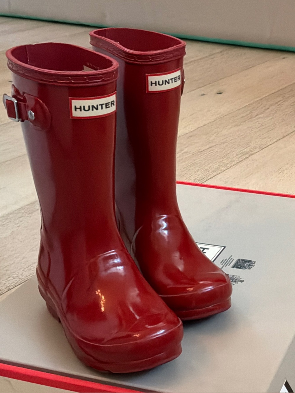 Hunter Gloss Red Tall Rain Boots with Side Buckle Detail